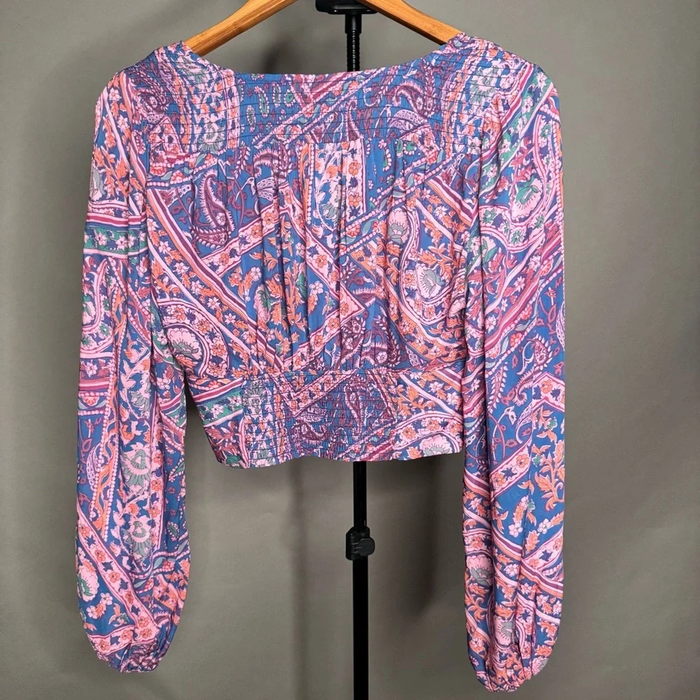 ba&sh NWT Finka Long-Sleeve Floral Paisley Puff Sleeve Crop Top Purple Pink XS - Picture 8 of 15